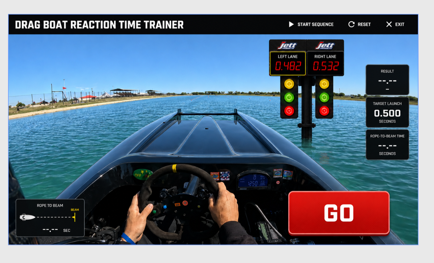 Drag boat cockpit with driver and six buoys per side along the race course